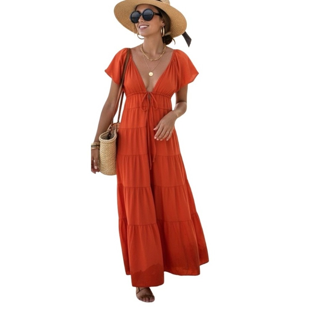 O.P.T. Orange Tiered Maxi Dress V-Neck Flutter Sleeve Tie Front Open Back Small